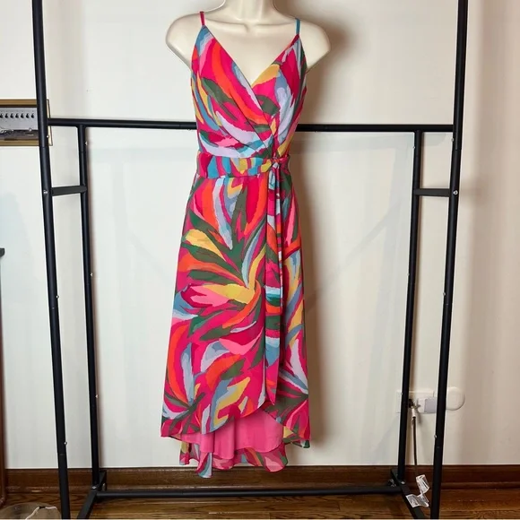 Vince Camuto Pink Tropical Print Wrap Midi Beach Vacation Wedding Event Dress - Picture 1 of 13